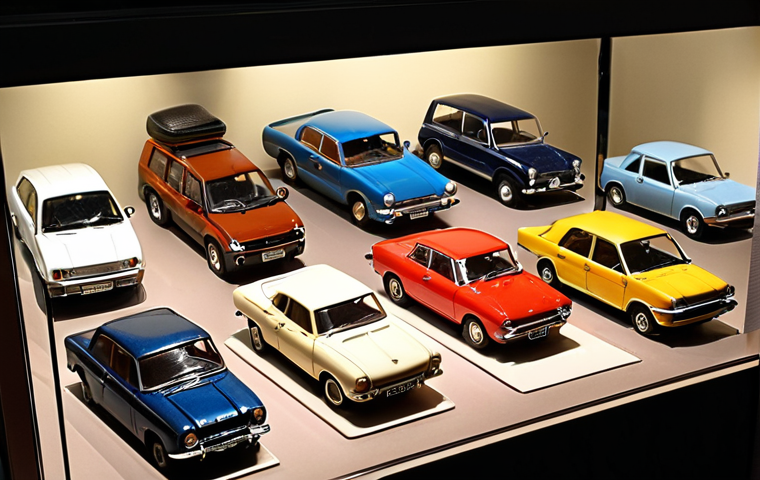 **Prompt:** Collection of miniature cars, highly detailed, various scales, displayed in a museum showcase, excellent lighting.