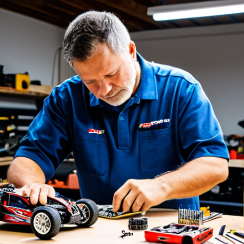 Home 29 A professional RC car enthusiast, a man, in a clean, modest workshop uniform, meticulously examining the brushless motor of a high-performance RC racing buggy on a workbench. His well-formed hands carefully hold a small tool, showing precision. The workshop is brightly lit, organized with various RC car parts, tools, and a parts organizer in the background. The scene emphasizes focus and dedication. Professional photography, high detail, perfect anatomy, correct proportions, natural pose, safe for work, appropriate content, fully clothed, professional dress.