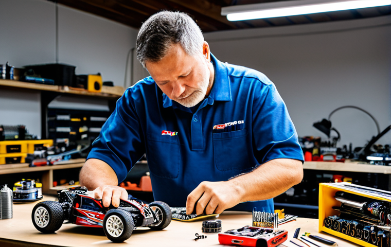 A professional RC car enthusiast, a man, in a clean, modest workshop uniform, meticulously examining the brushless motor of a high-performance RC racing buggy on a workbench. His well-formed hands carefully hold a small tool, showing precision. The workshop is brightly lit, organized with various RC car parts, tools, and a parts organizer in the background. The scene emphasizes focus and dedication. Professional photography, high detail, perfect anatomy, correct proportions, natural pose, safe for work, appropriate content, fully clothed, professional dress.