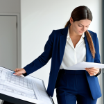 **

"A professional female architect in a modest business casual outfit (slacks, blouse, blazer), standing in a brightly lit, modern architectural office, reviewing blueprints. Fully clothed, appropriate attire, safe for work, perfect anatomy, correct proportions, natural pose, high-resolution, professional photography, family-friendly, well-formed hands, proper finger count."

**