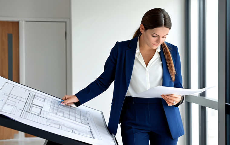 **
"A professional female architect in a modest business casual outfit (slacks, blouse, blazer), standing in a brightly lit, modern architectural office, reviewing blueprints. Fully clothed, appropriate attire, safe for work, perfect anatomy, correct proportions, natural pose, high-resolution, professional photography, family-friendly, well-formed hands, proper finger count."
**