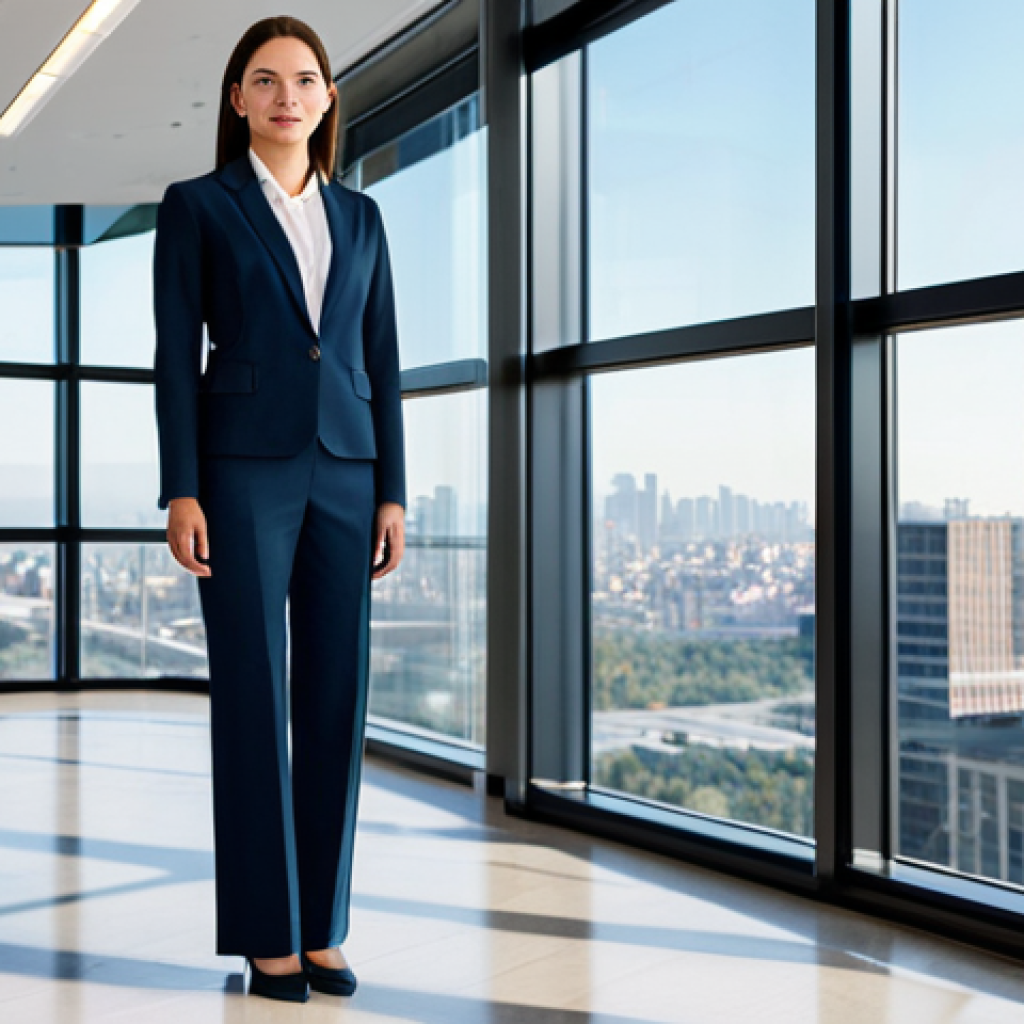 **

A professional businesswoman in a modest, tailored suit, standing confidently in a modern office building lobby with large windows overlooking a cityscape, fully clothed, appropriate attire, safe for work, perfect anatomy, natural proportions, professional photography, high quality, bright and airy lighting.

**