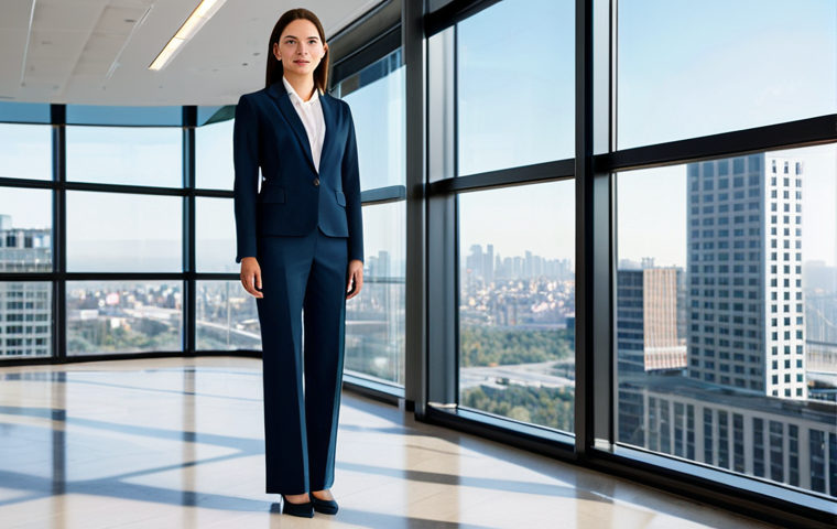 **
A professional businesswoman in a modest, tailored suit, standing confidently in a modern office building lobby with large windows overlooking a cityscape, fully clothed, appropriate attire, safe for work, perfect anatomy, natural proportions, professional photography, high quality, bright and airy lighting.
**