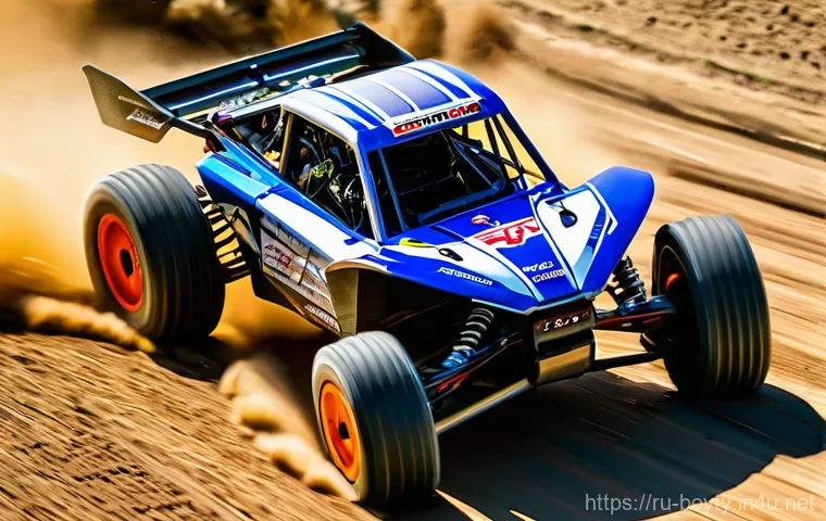 미니카 기초 물리학 이해 - **Prompt 1: Dynamic RC Buggy in Action**
"A high-speed RC buggy, specifically a 1/10th scale off...