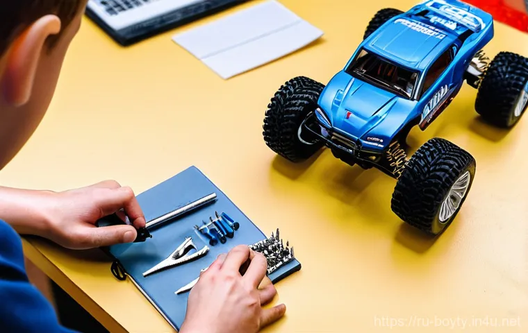 미니카 기초 물리학 이해 - **Prompt 2: Close-Up of RC Car Suspension and Wheels on Varied Terrain**
    "A detailed, low-angle ...