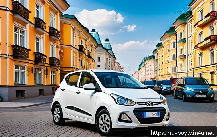 미니카 대여 서비스 활용법 - A compact city car rental scene in Moscow streets during daytime, featuring a small Hyundai i10 with...