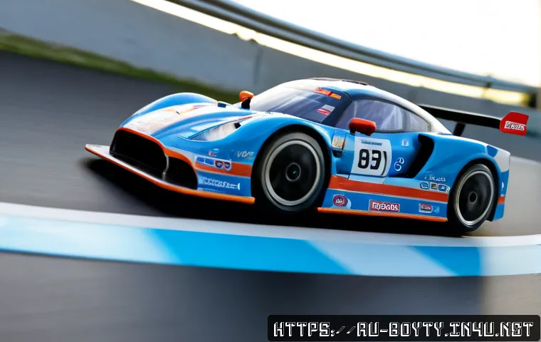 미니카 트랙에서의 물리 법칙 - Photorealistic close-up of a bright miniature race car speeding through a curved plastic track, capt...