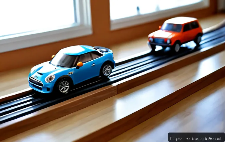 미니카 속도 비교 실험 - Photorealistic tabletop mini car speed comparison experiment, two unbranded toy racing cars on paral...